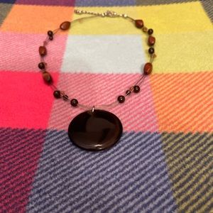 Handmade Wire & Brown Beaded Necklace w Extender!!